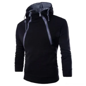 Black oblique zipper gothic hoodie with grey inner hood lining alternative fashion