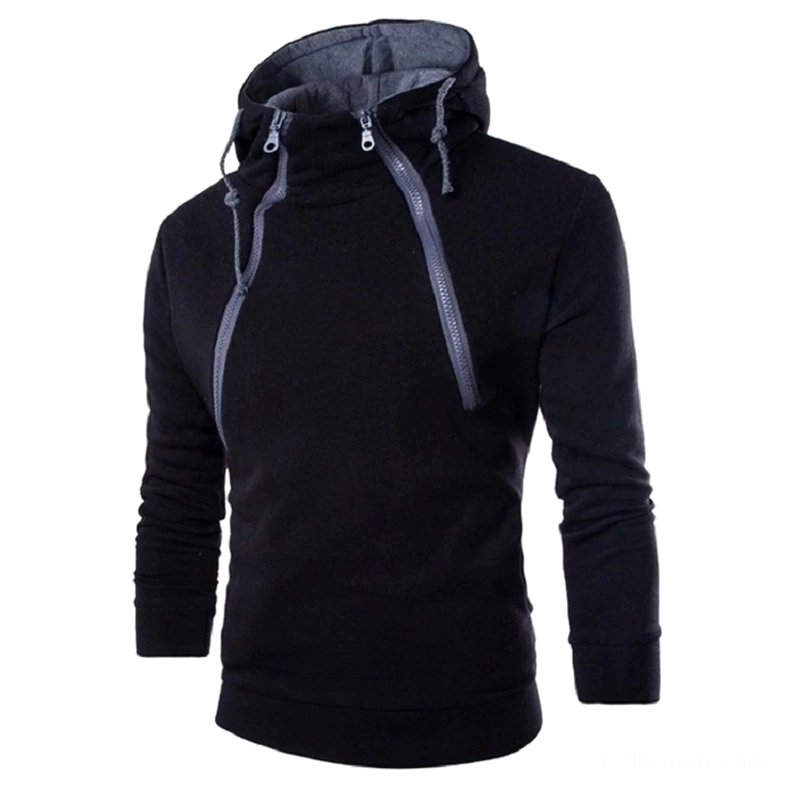Black oblique zipper gothic hoodie with grey inner hood lining alternative fashion