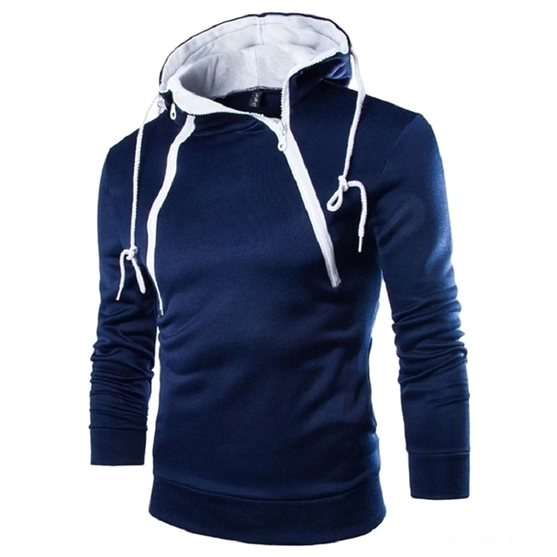 Navy blue gothic zipper hoodie with white drawstring slim fit alternative style