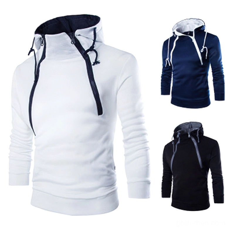 Men's white oblique zipper gothic hoodie front view flat lay with drawstring hood