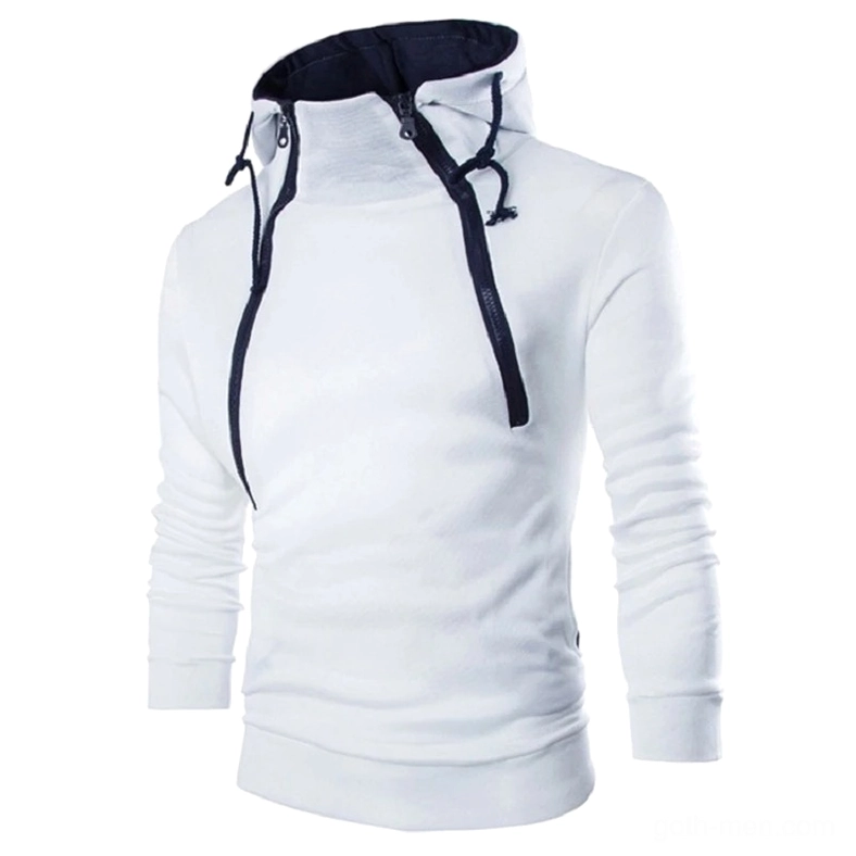 White gothic zipper hoodie with black hood lining detailed zipper trim close-up