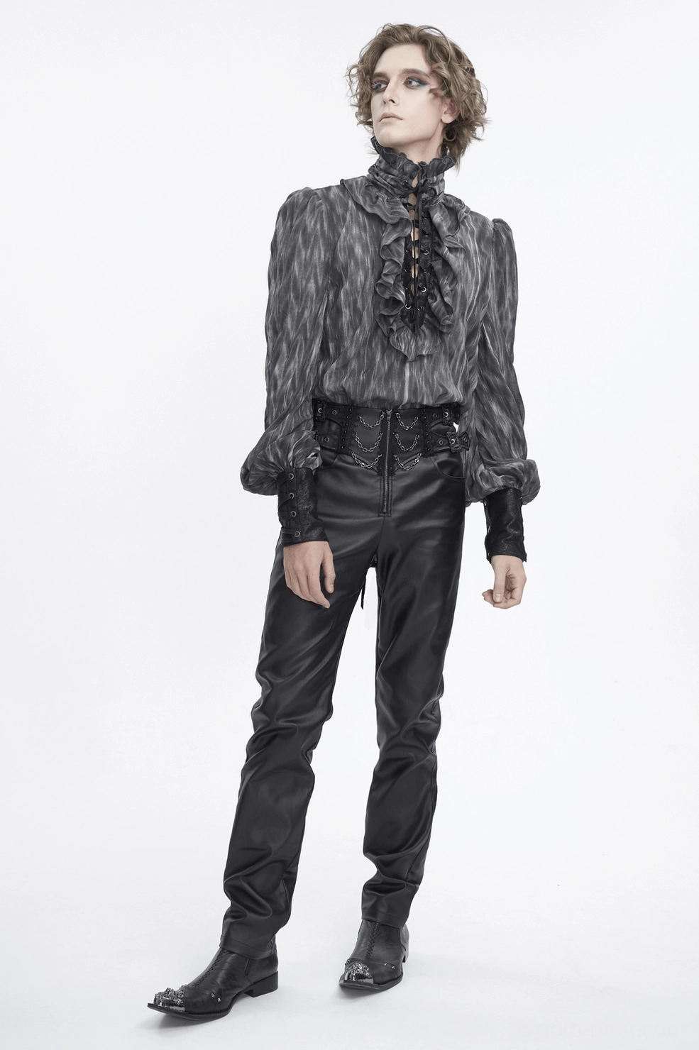 Front detailed view of lace-up gothic shirt showing front closure design, ruffles, and dramatic collar on display
