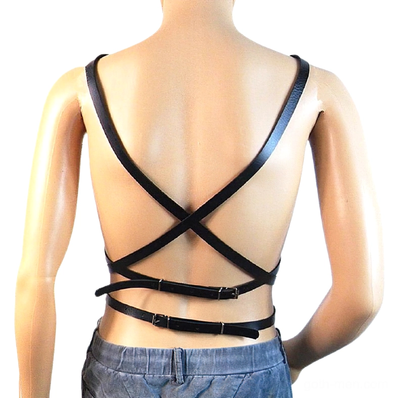 Rear view of men's leather body harness showcasing crisscross shoulder straps and adjustable waist buckles on mannequin