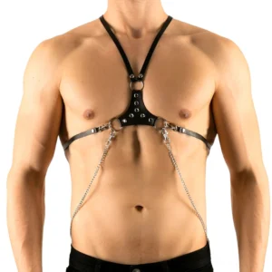 Men's black PU leather gothic chest harness with silver metal rivets and hanging chain accents, front view on male model