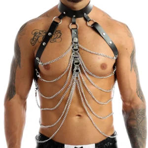 Layered silver chain harness strap detail on black leather men's body harness - front view