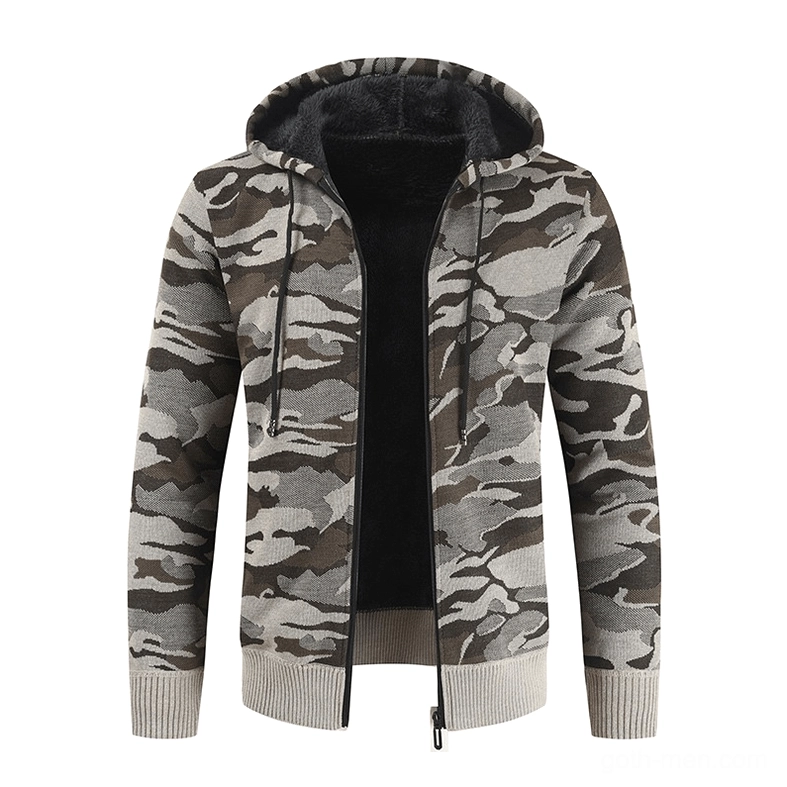 Men's light gray camouflage fleece hooded cardigan sweater with full zip front and gothic streetwear styling