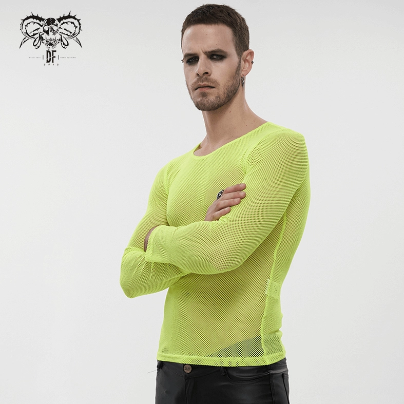 Men's neon yellow mesh long-sleeve top three-quarter front view arms crossed pose