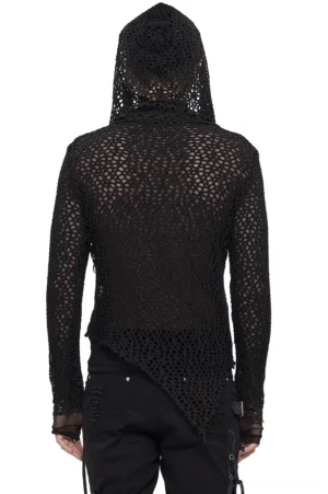 Back view of gothic punk hooded mesh top showing full asymmetrical uneven hem and transparent knit fabric
