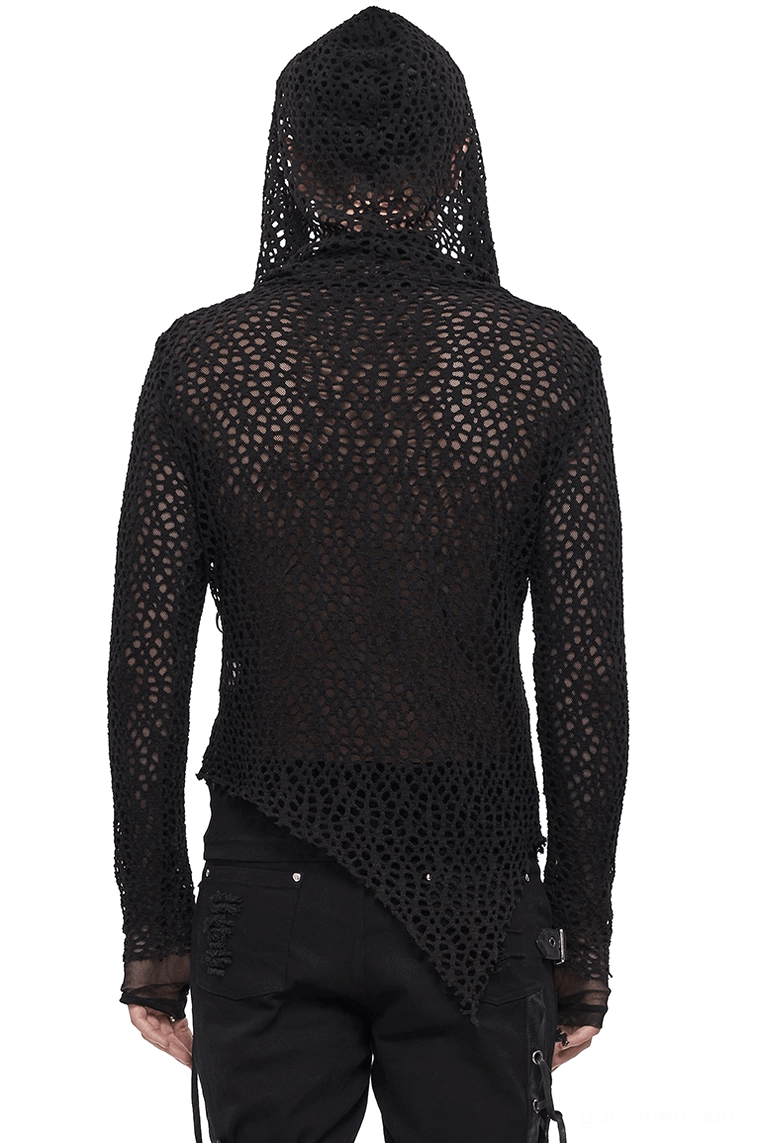 Back view of gothic punk hooded mesh top showing full asymmetrical uneven hem and transparent knit fabric