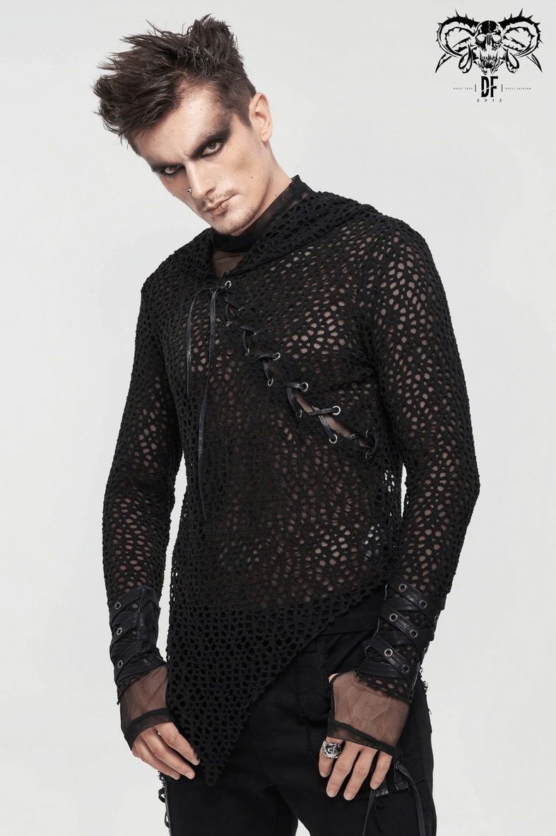 Black mesh hooded top with cross lacing detail worn on model demonstrating gothic punk wear