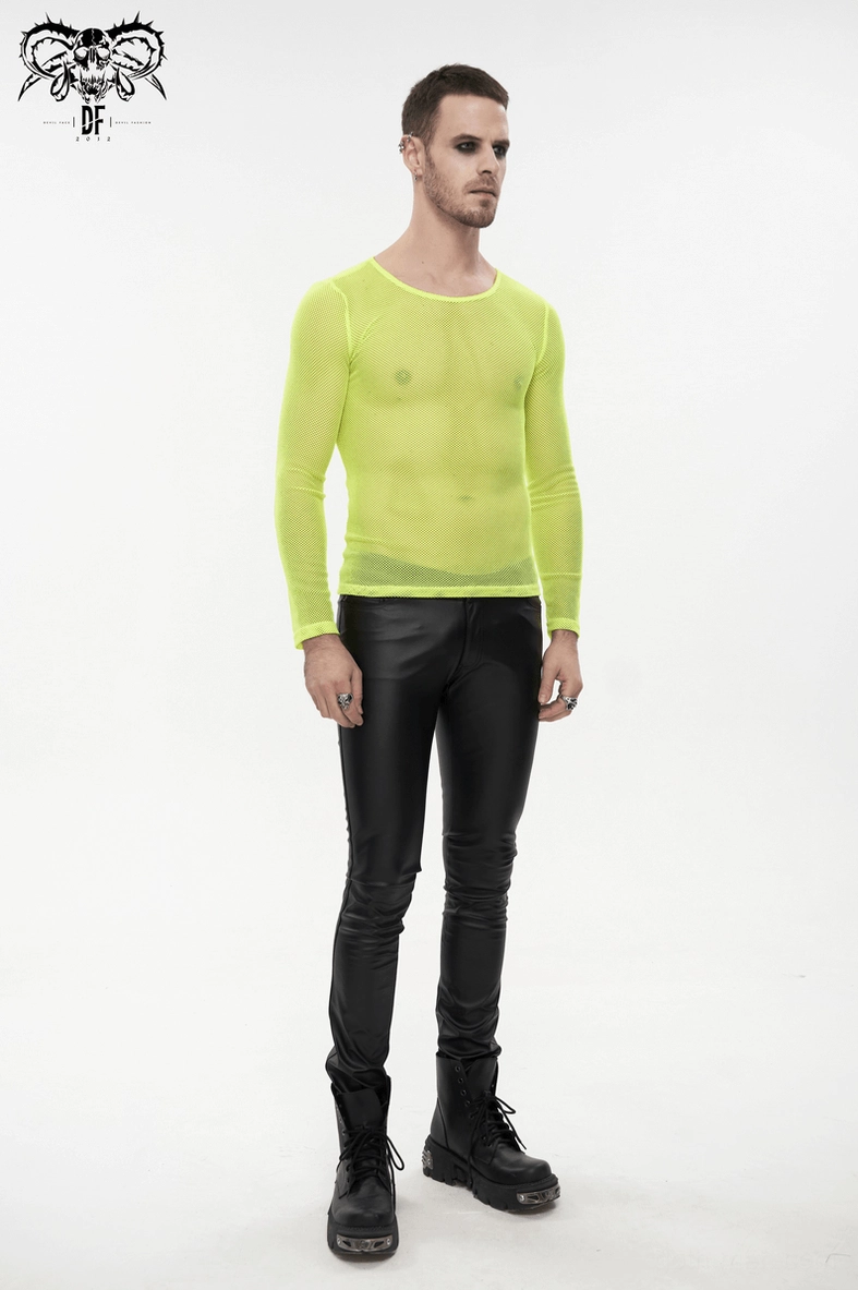 Men's neon yellow sheer mesh long-sleeve top full body three-quarter view black footwear
