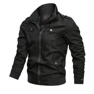 Men's military cotton bomber jacket front three-quarter view - black color with ribbed trims and snap flap pockets, gothic streetwear style