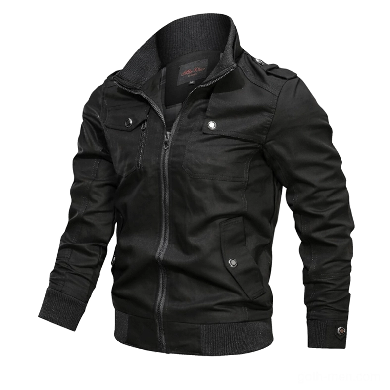 Men's military cotton bomber jacket front three-quarter view - black color with ribbed trims and snap flap pockets, gothic streetwear style