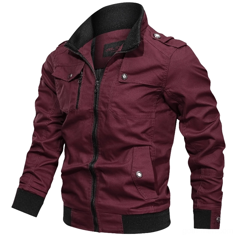 Men's military cotton bomber jacket front angle - burgundy crimson color with shoulder tabs and multifunctional pockets, dark romantic style