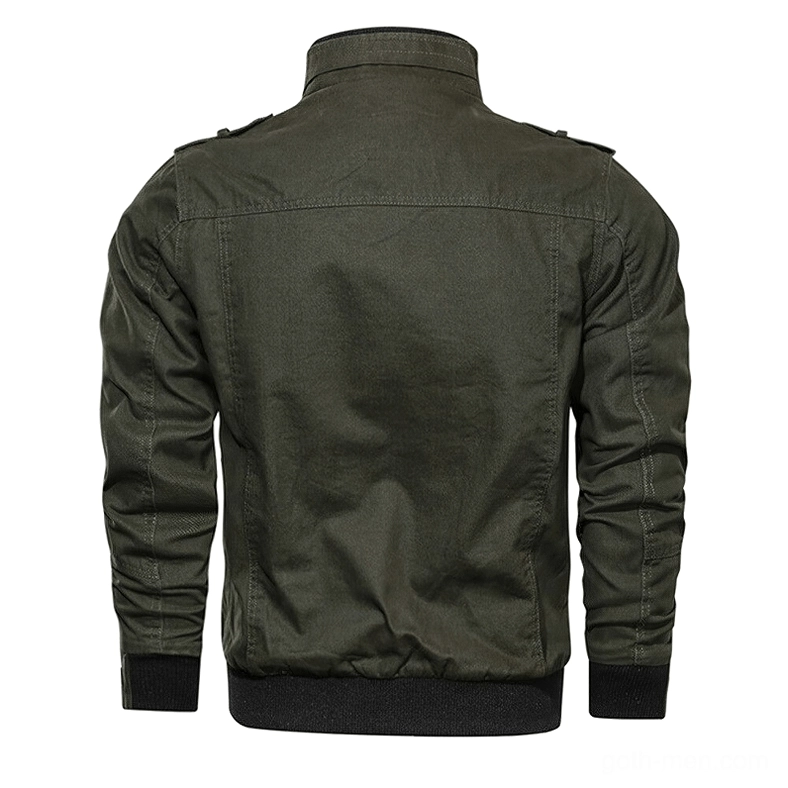 Men's military cotton bomber jacket back view - army green color with ribbed hem and shoulder epaulets, tactical design detail