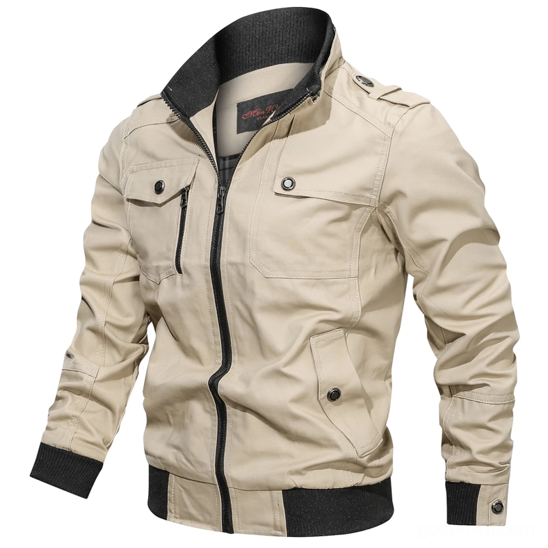 Men's military cotton bomber jacket front view - khaki beige color with cotton twill fabric and zip front closure, neutral colorway