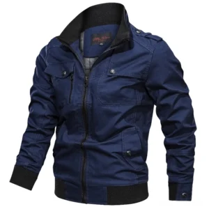 Men's military cotton bomber jacket front view - navy blue color with ribbed cuffs and chest flap pockets, alternative fashion piece