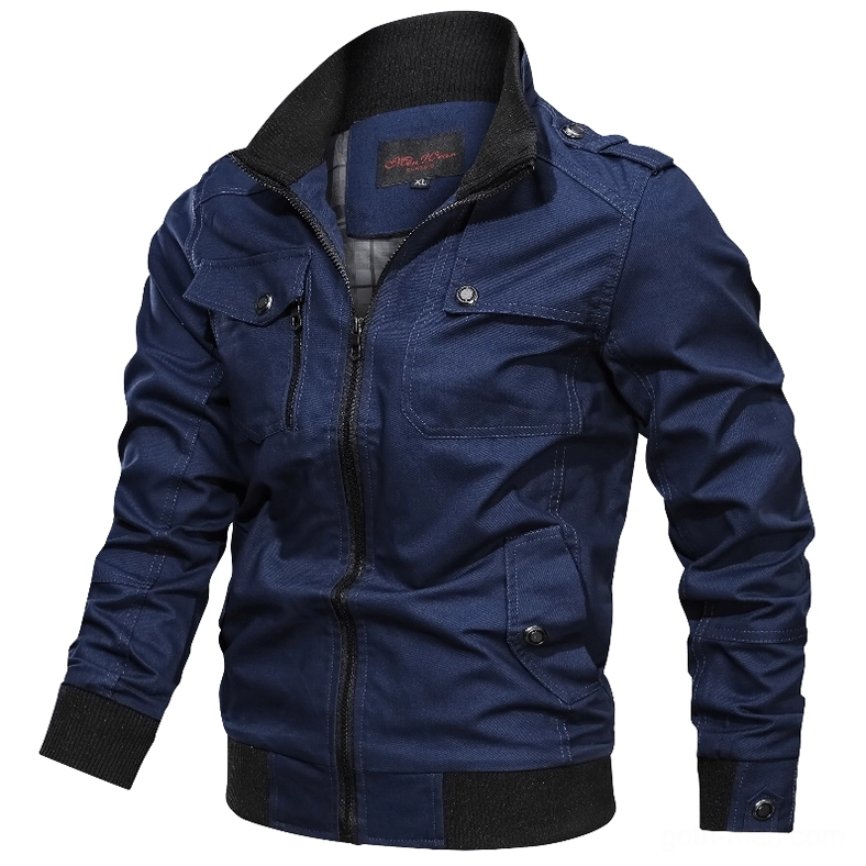 Men's military cotton bomber jacket front view - navy blue color with ribbed cuffs and chest flap pockets, alternative fashion piece