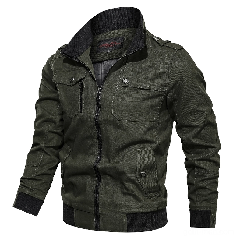 Men's military cotton bomber jacket front angle - dark olive green color with tactical military design and snap pockets, goth streetwear