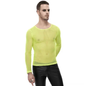 Men's neon yellow sheer mesh long-sleeve gothic top front view worn by model with black leather pants