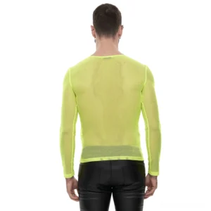 Men's neon yellow mesh long-sleeve top back view on model with black leather pants studio photograph