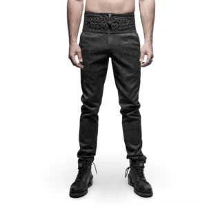 Men's black peacock jacquard slim-fit gothic pants front full-body view with ornate metal buttons