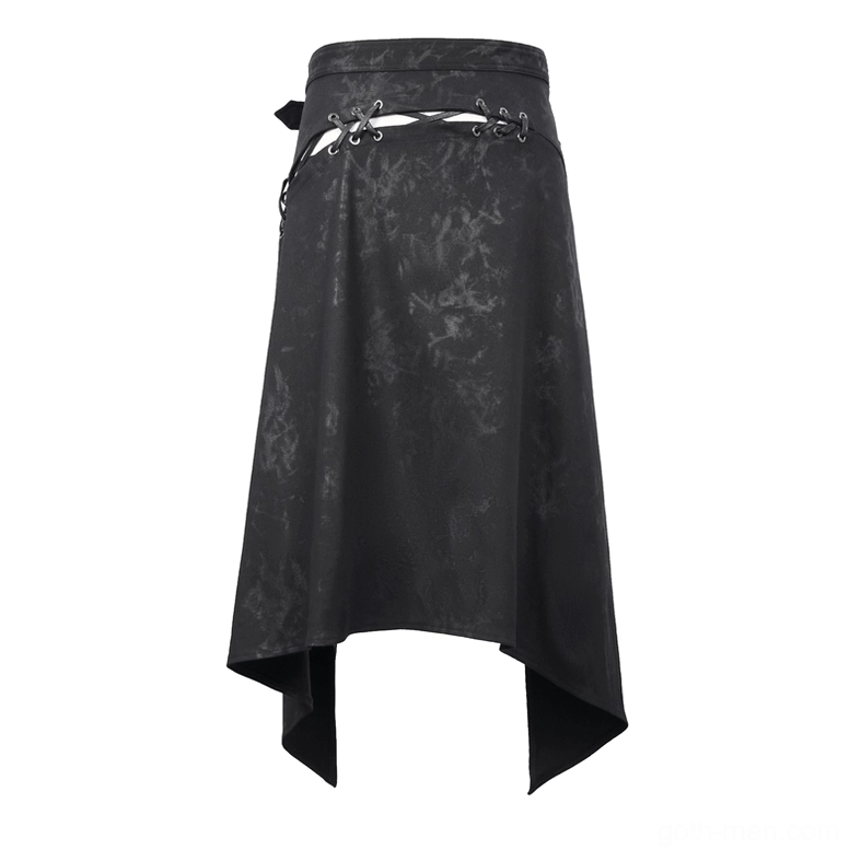 Rear full view of asymmetrical men's punk gothic skirt kilt showing uneven hem and marbled black fabric