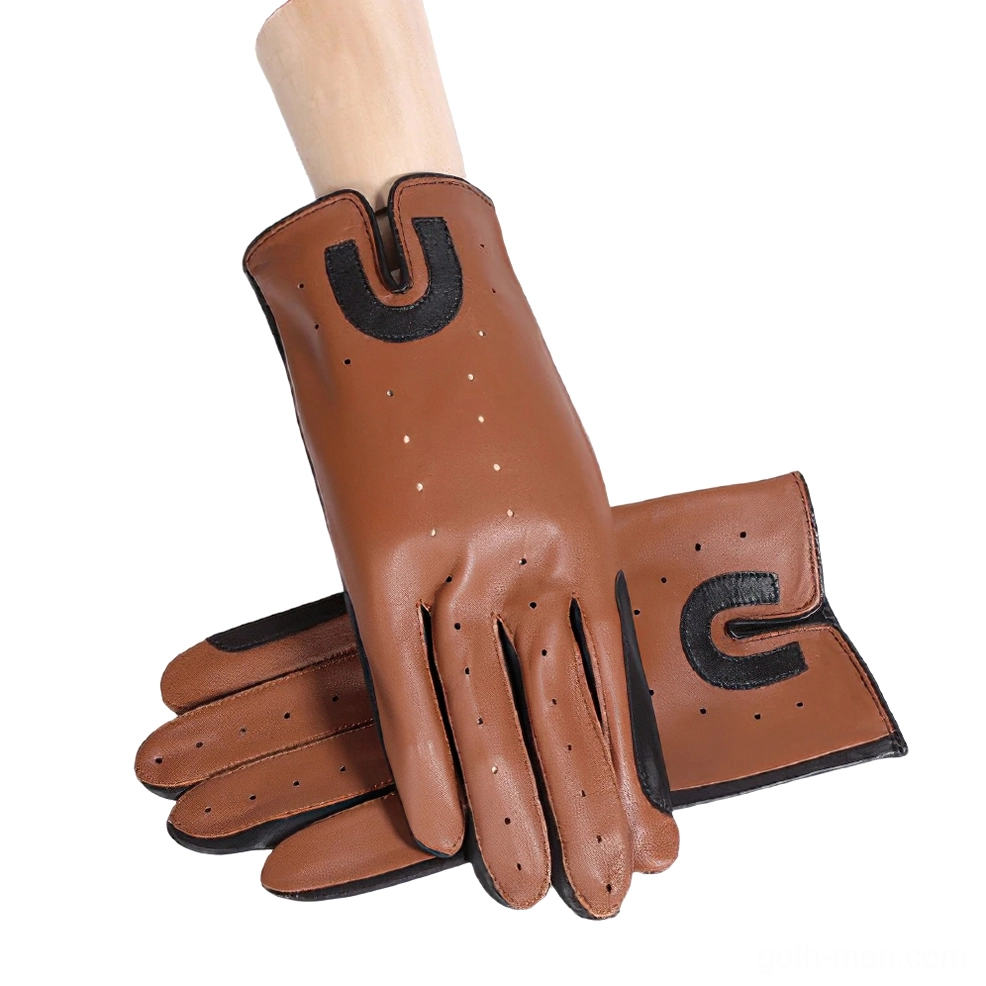 Camel brown genuine sheepskin equestrian gloves displayed on wooden mannequin hands, showing perforated ventilation holes and black decorative patches