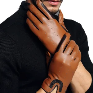 Men's brown sheepskin riding gloves with black U-patch details, close-up front view worn by male model, perforated breathable leather design