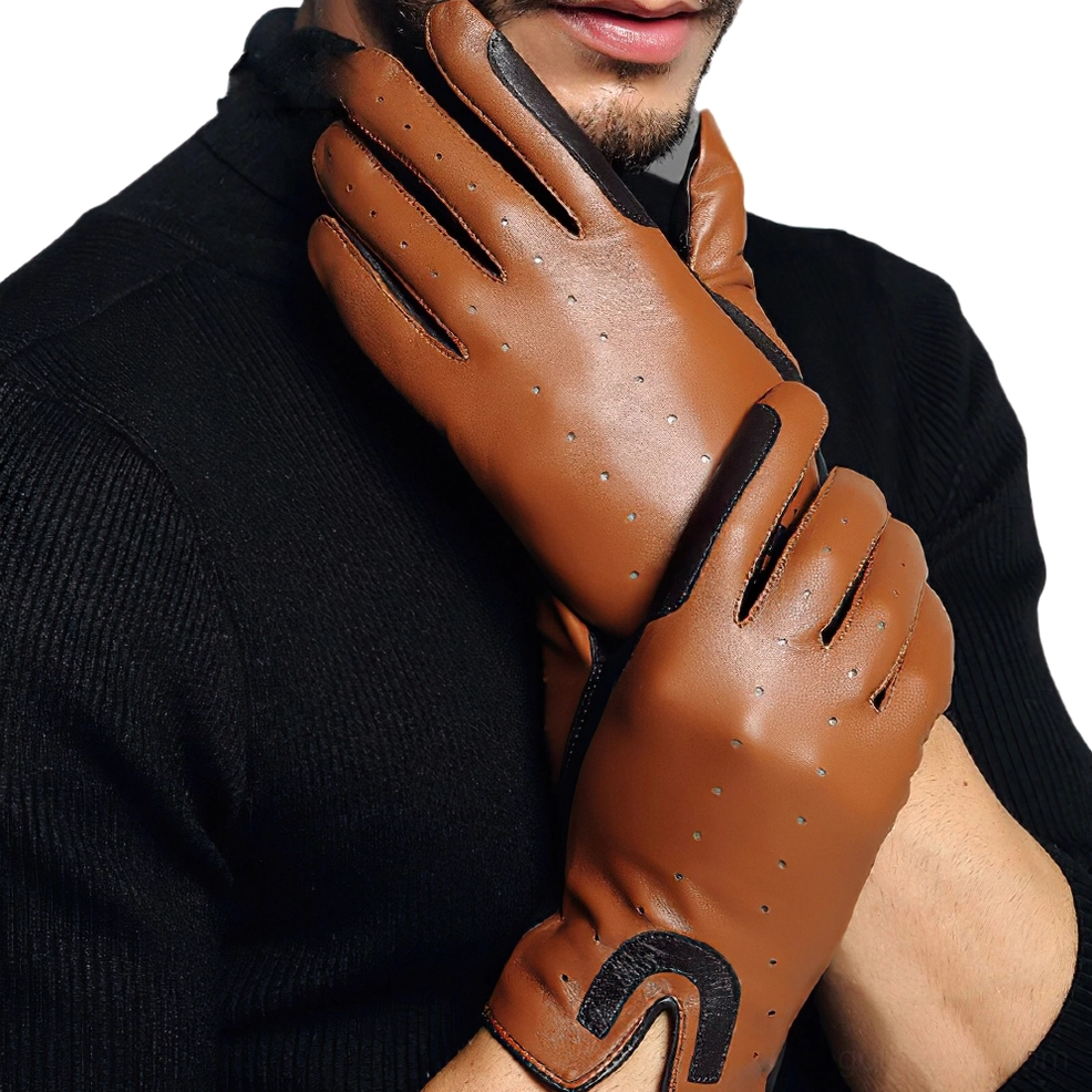 Men's brown sheepskin riding gloves with black U-patch details, close-up front view worn by male model, perforated breathable leather design