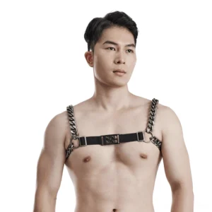 Men's antique silver chain harness front view with adjustable black webbing straps and heavy-duty buckles on white background