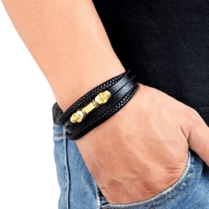 men's gold skull leather bracelet wrist wear casual outfit denim pocket styling