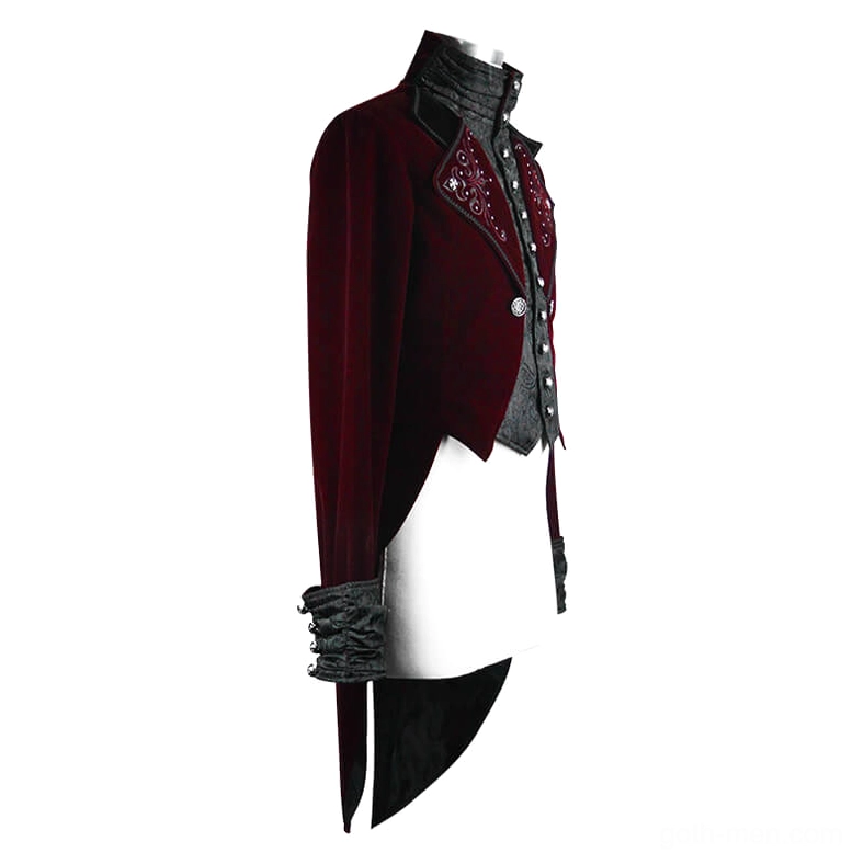 Left side view of men's steampunk velvet coat on mannequin, showcasing tailored proportions and wine red color depth