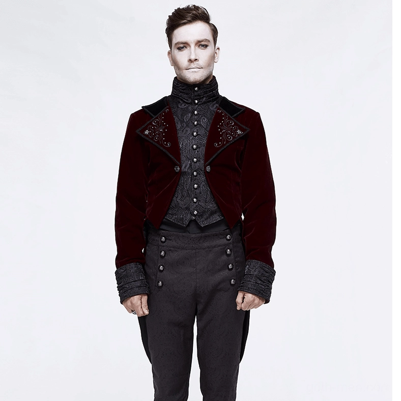 Male model wearing men's steampunk suit set, front upper to thigh view showing high stand collar and formal gothic styling