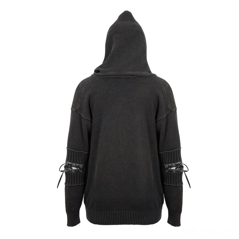 Back view of black gothic hooded sweater showing oversized loose fit and reinforced lace-up sleeve trims