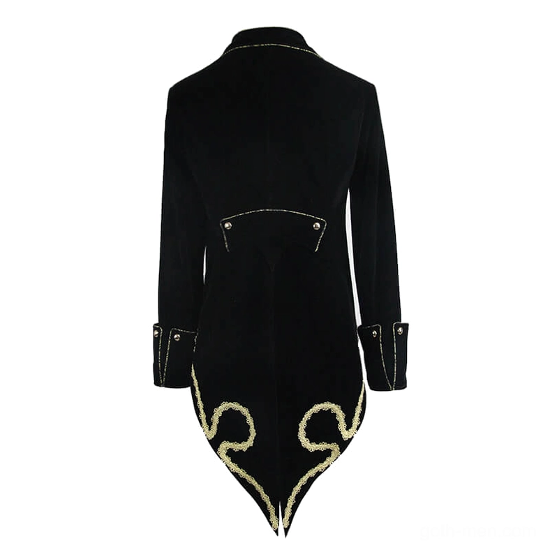Rear flat display of black velvet tailcoat showing gold braided tail embroidery and snap button cuff construction