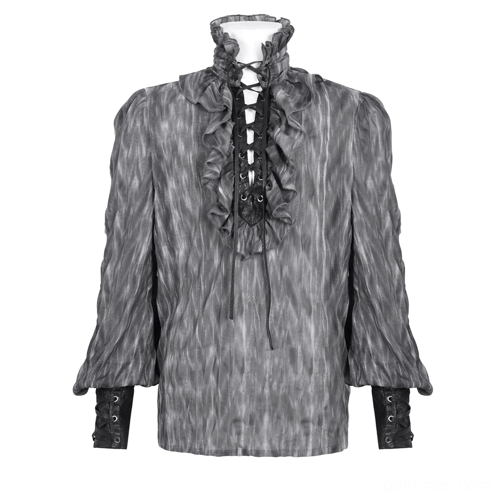 Mannequin front display of Victorian gothic ruffle shirt with high pleated collar and long puff sleeves with black lace-up cuffs