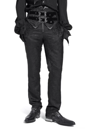 Men's Victorian velvet corset jacquard pants with dual metal buckles - front full view on model wearing black gothic pants with tapered fit