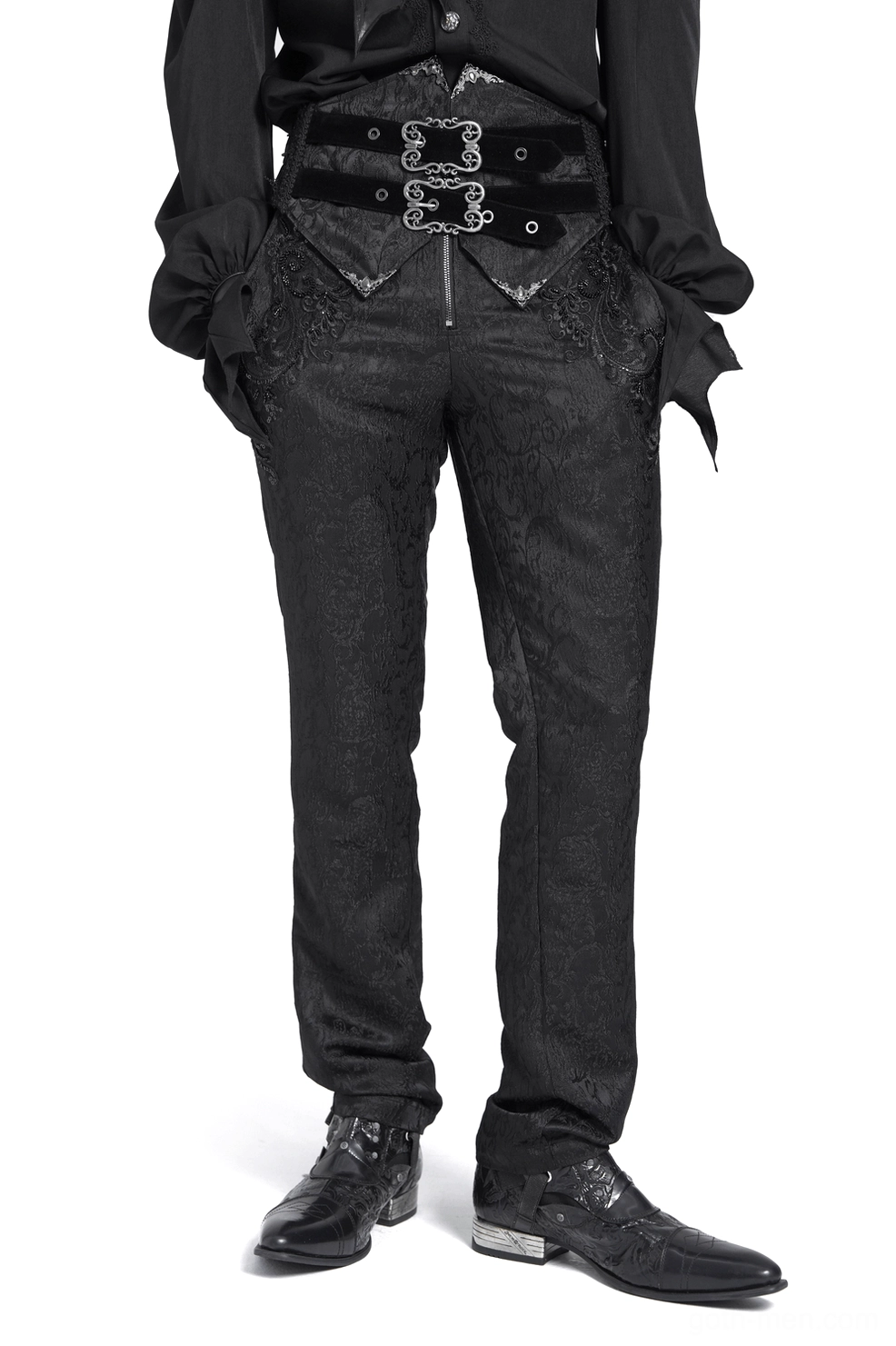 Men's Victorian velvet corset jacquard pants with dual metal buckles - front full view on model wearing black gothic pants with tapered fit