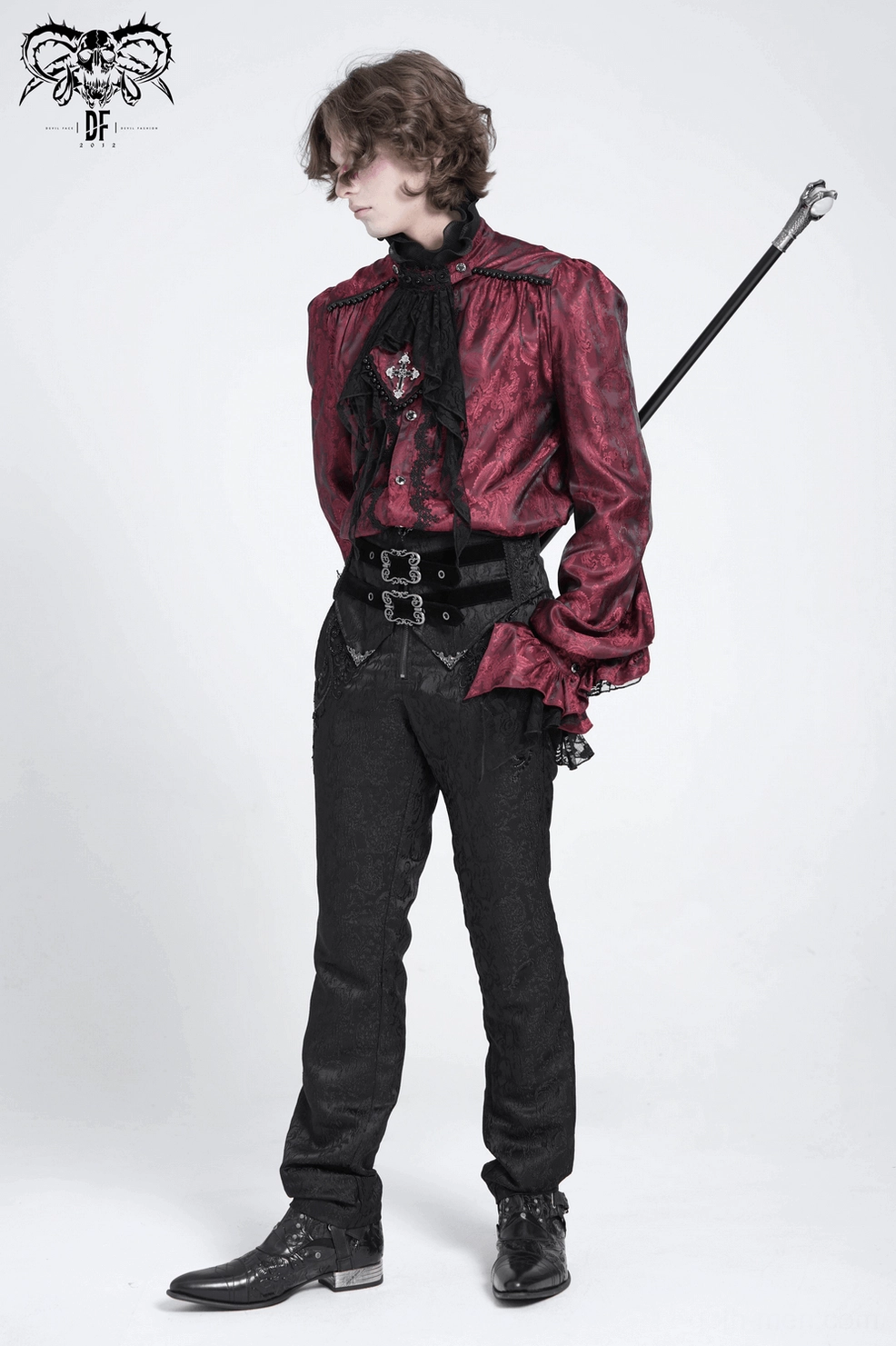 Men's Victorian jacquard pants styled for alternative fashion - demonstrating versatile styling with gothic accessories and aesthetics