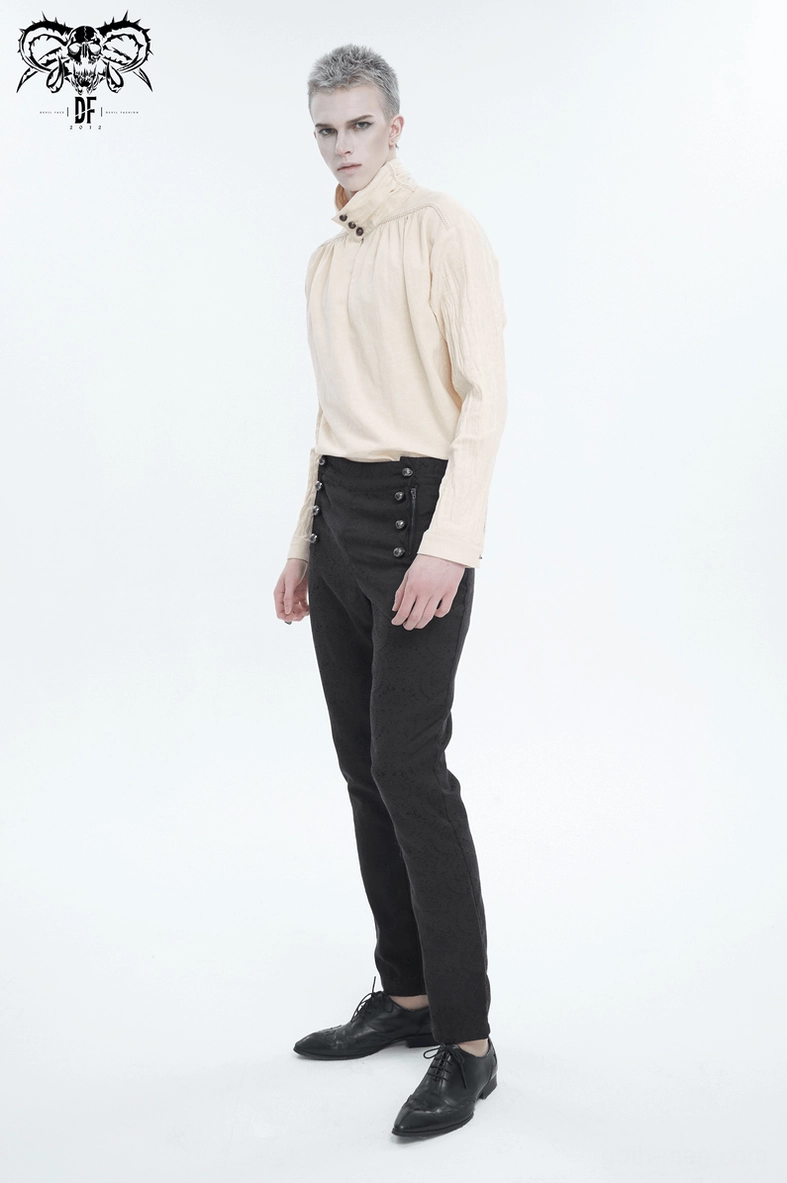 Men's vintage stand collar shirt worn view, demonstrating the loose fit and long sleeve drape for alternative fashion