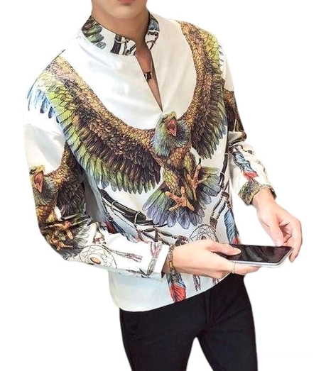 White gothic eagle dreamcatcher stand collar shirt front view with symbolic print