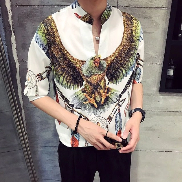White gothic eagle dreamcatcher stand collar shirt full front body view