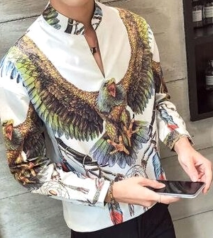 White gothic eagle dreamcatcher stand collar shirt on male model indoor setting