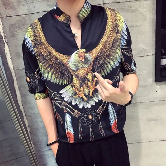 White gothic eagle shirt size and fit guide on male model alternative fashion