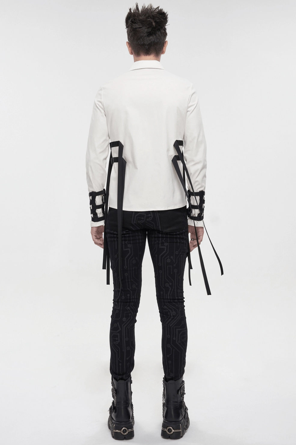White gothic punk men's shirt styled view with nylon side straps and metal buckles on model wear