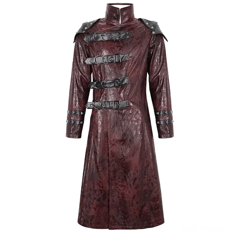 Men's wine red gothic coat with black shoulder armor studs and horizontal buckle straps front full view