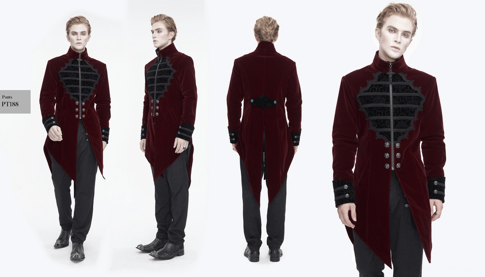 Men's wine red gothic cross-tail coat model wearing view emphasizing the dramatic tail and overall silhouette