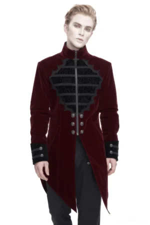 Men's wine red velvet gothic cross-tail coat front view with black lace embroidery and metal zipper, worn by male model