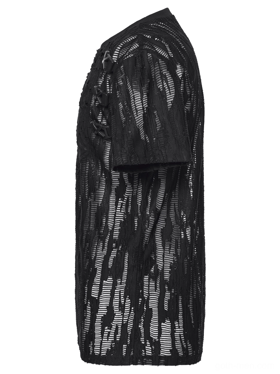 Side view flat lay of black mesh gothic T-shirt displaying short sleeve design and distressed mesh texture pattern